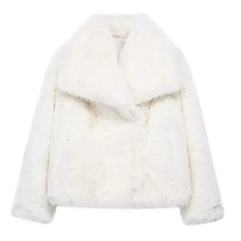 Kurze Damen-Kunstfelljacke mit Reverskragen und offener Front für den Winter in Weiß