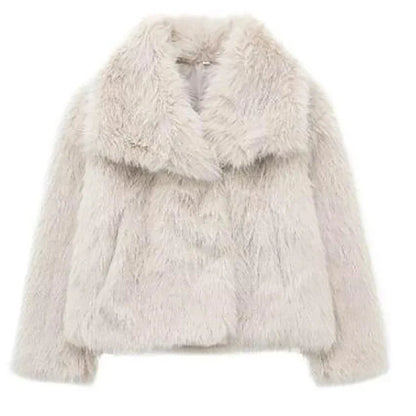 Kurze Damen-Kunstfelljacke mit Reverskragen und offener Front für den Winter in Creme