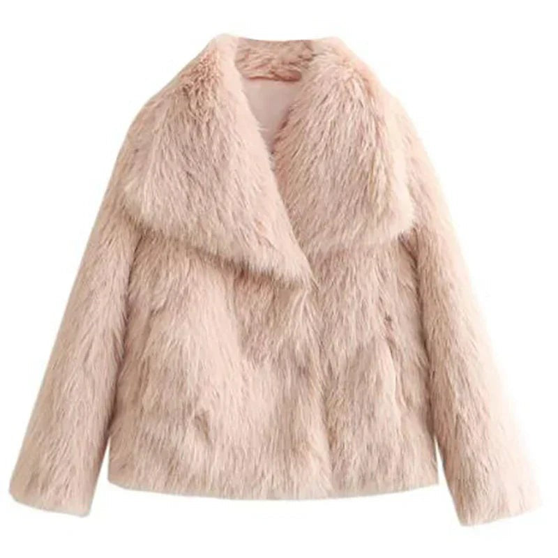 Kurze Damen-Kunstfelljacke mit Reverskragen und offener Front für den Winter in Hellrosa