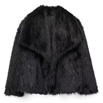 Kurze Damen-Kunstfelljacke mit Reverskragen und offener Front für den Winter in Schwarz