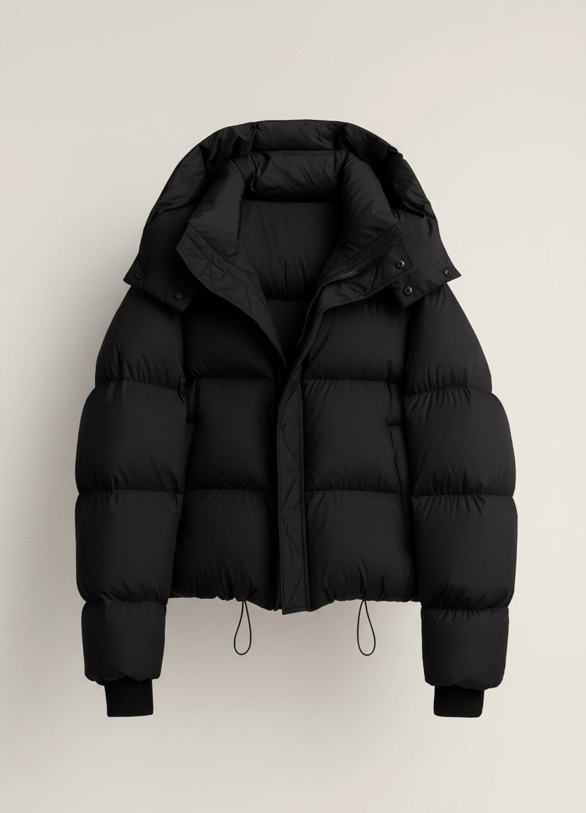 Kurze Damen-Steppjacke mit Kapuze, hohem Kragen und Tunnelzug am Saum für den Winter in Schwarz