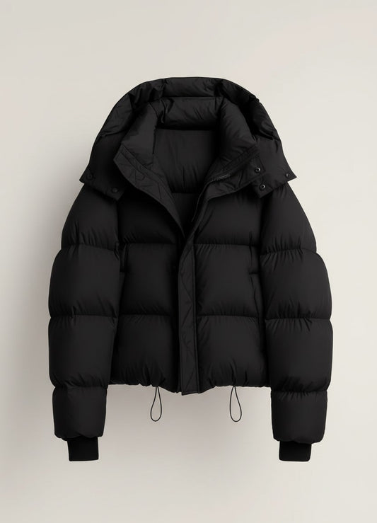 Kurze Damen-Steppjacke mit Kapuze, hohem Kragen und Tunnelzug am Saum für den Winter in Schwarz