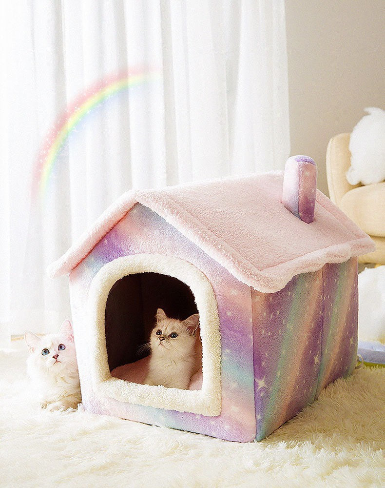 Kuscheliges Tierhaus mit Dach, abnehmbarem, waschbarem Bezug und rutschfestem Boden für Katzen und kleine Hunde in Rosa Regenbogen