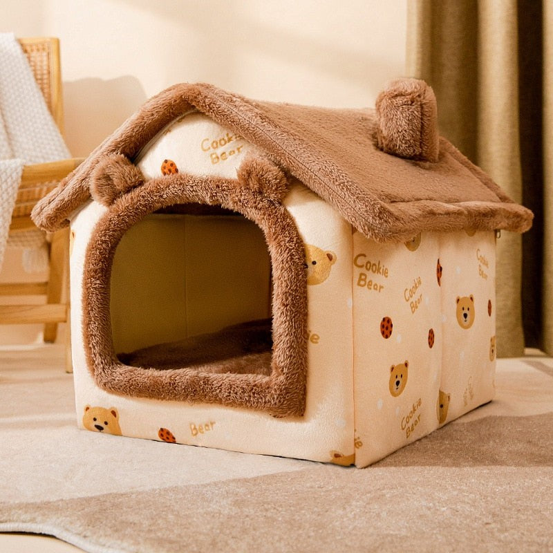 Kuscheliges Tierhaus mit Dach, abnehmbarem, waschbarem Bezug und rutschfestem Boden für Katzen und kleine Hunde in Beige-Braun