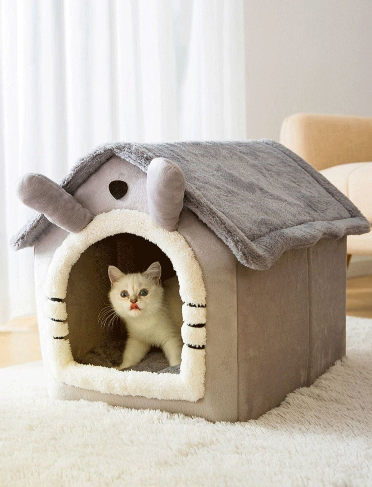 Kuscheliges Tierhaus mit Dach, abnehmbarem, waschbarem Bezug und rutschfestem Boden für Katzen und kleine Hunde in Grau