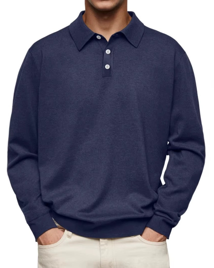 Langarm-Herren-Poloshirt aus Feinstrick mit Knopfleiste, knitterarm in Marineblau