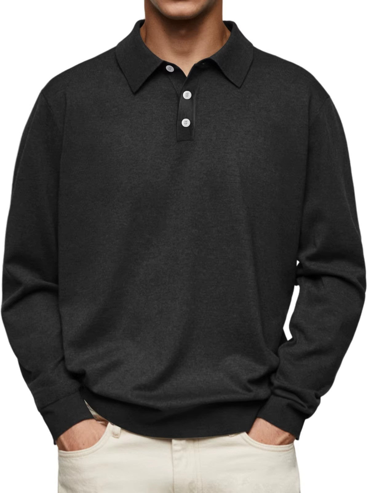 Langarm-Herren-Poloshirt aus Feinstrick mit Knopfleiste, knitterarm in Schwarz