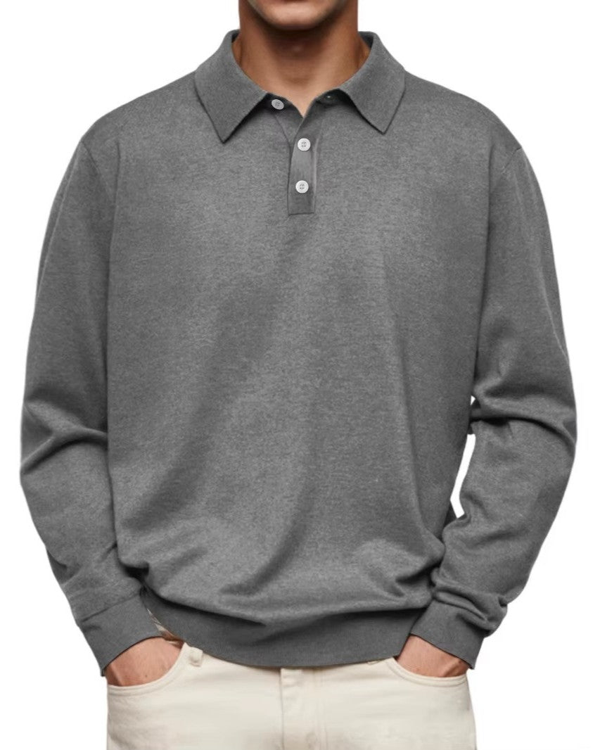 Langarm-Herren-Poloshirt aus Feinstrick mit Knopfleiste, knitterarm in Grau