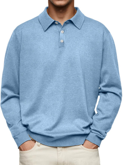Langarm-Herren-Poloshirt aus Feinstrick mit Knopfleiste, knitterarm in Hellblau