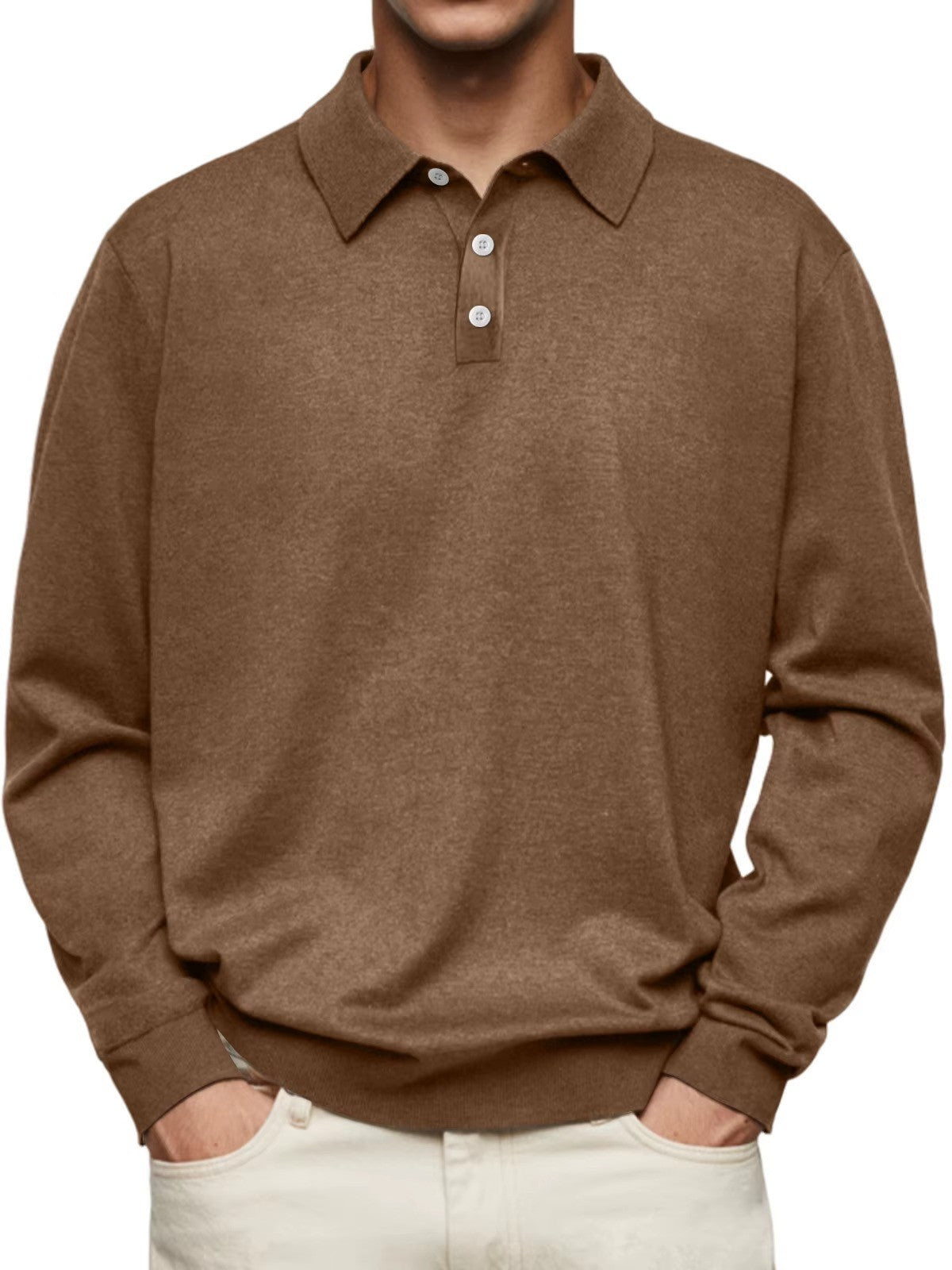Langarm-Herren-Poloshirt aus Feinstrick mit Knopfleiste, knitterarm in Braun