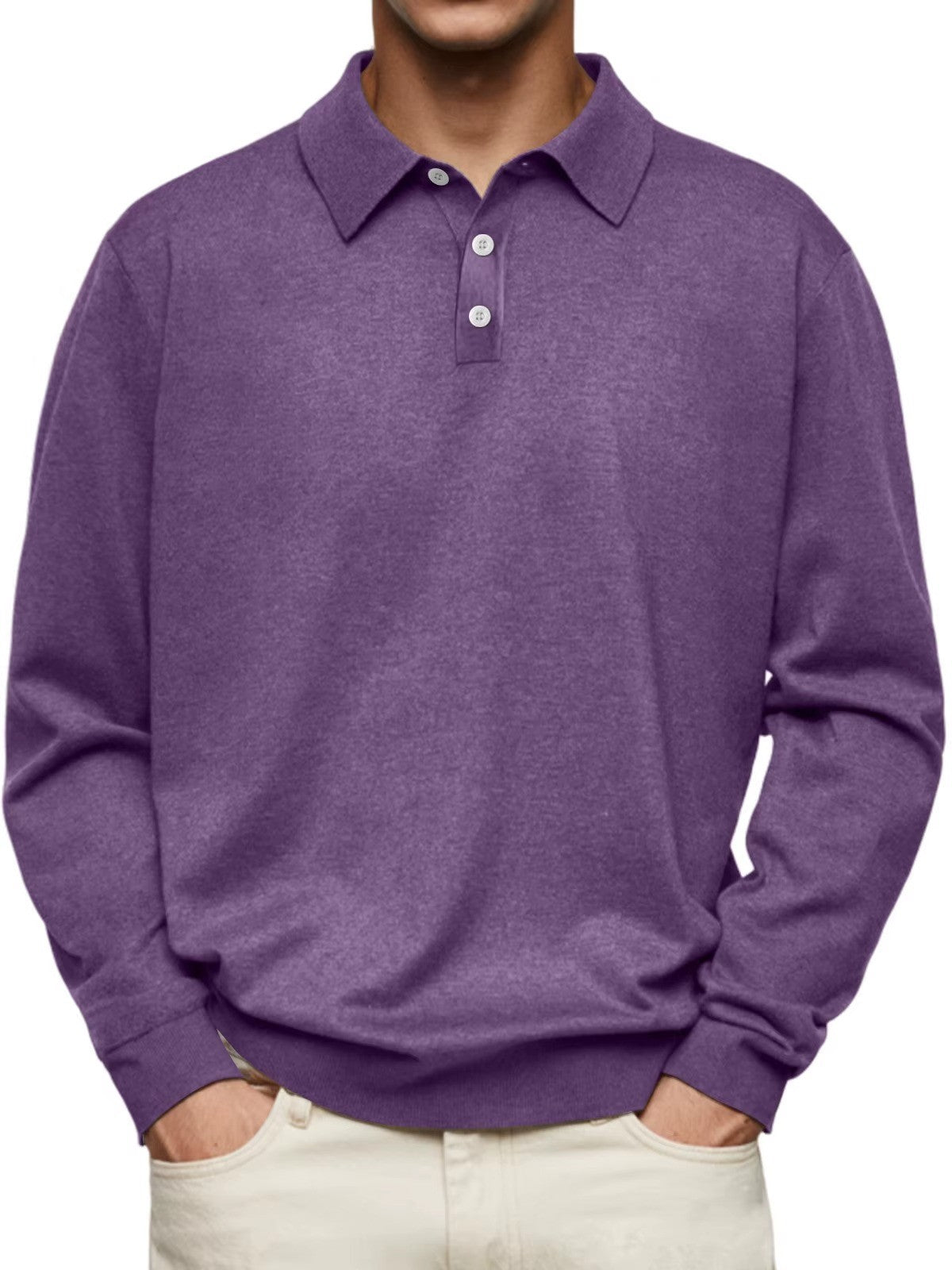 Langarm-Herren-Poloshirt aus Feinstrick mit Knopfleiste, knitterarm in Violett