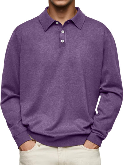 Langarm-Herren-Poloshirt aus Feinstrick mit Knopfleiste, knitterarm in Violett