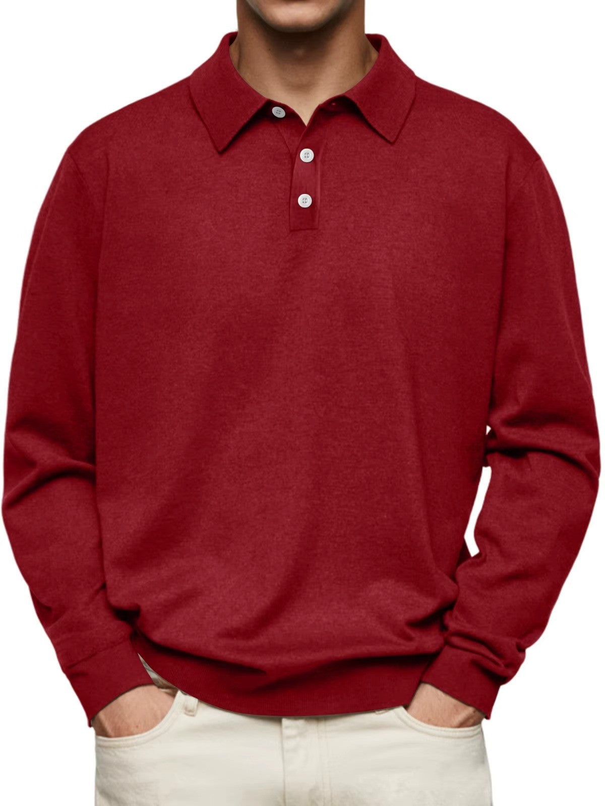 Langarm-Herren-Poloshirt aus Feinstrick mit Knopfleiste, knitterarm in Rot