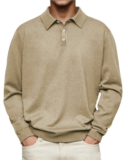 Langarm-Herren-Poloshirt aus Feinstrick mit Knopfleiste, knitterarm in Khaki