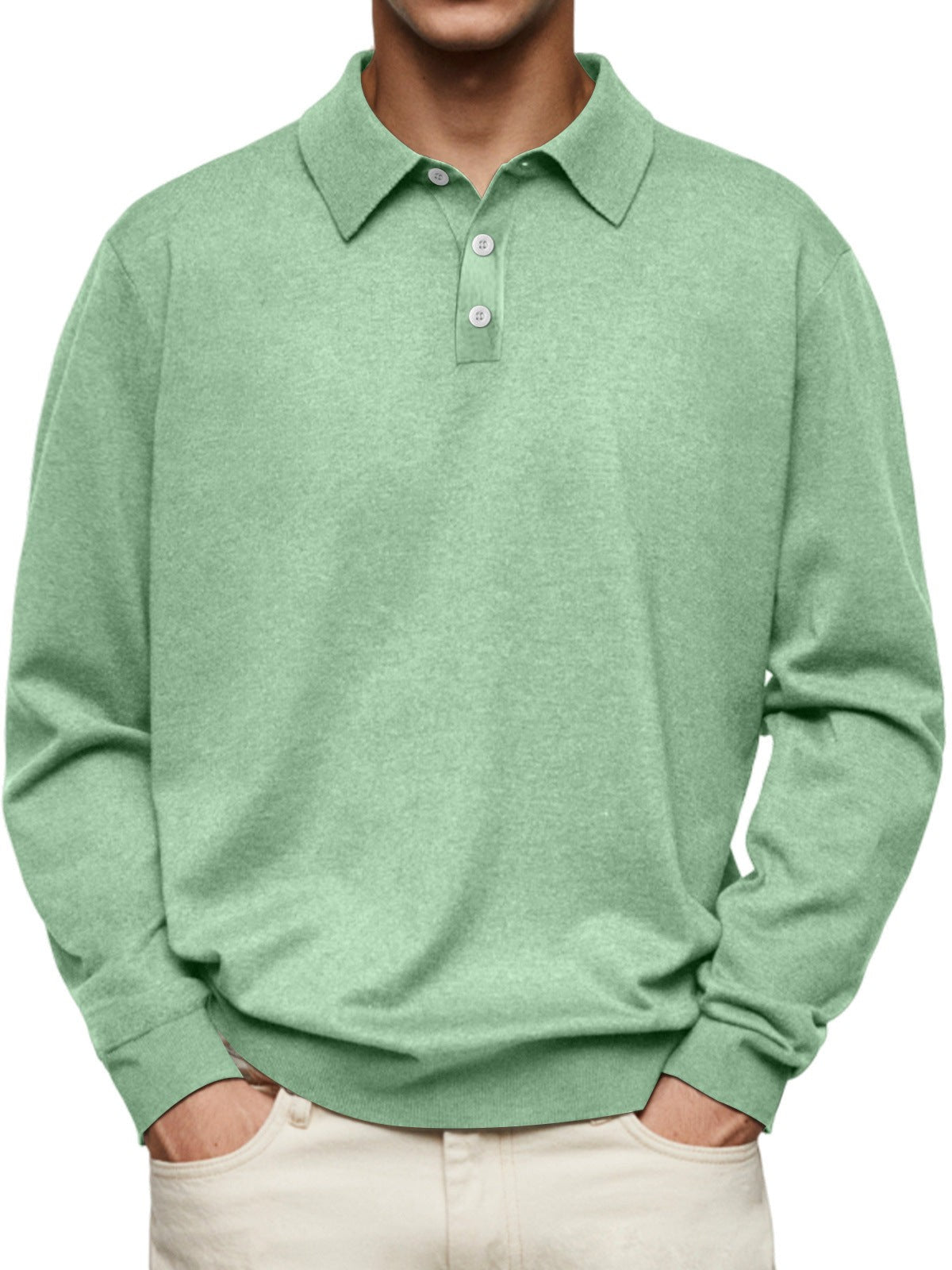 Langarm-Herren-Poloshirt aus Feinstrick mit Knopfleiste, knitterarm in Hellgrün