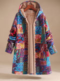 Lange Damen-Jacke im Patchwork-Design mit Fleecefutter, Kapuze und Knopfleiste