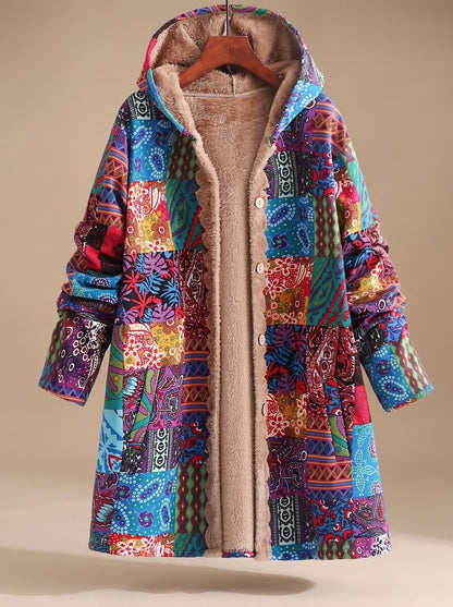 Lange Damen-Jacke im Patchwork-Design mit Fleecefutter, Kapuze und Knopfleiste in Blau