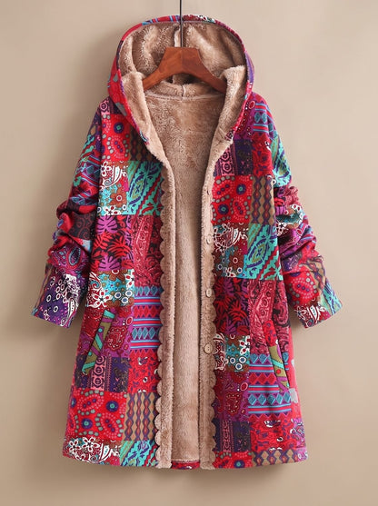 Lange Damen-Jacke im Patchwork-Design mit Fleecefutter, Kapuze und Knopfleiste in Rot