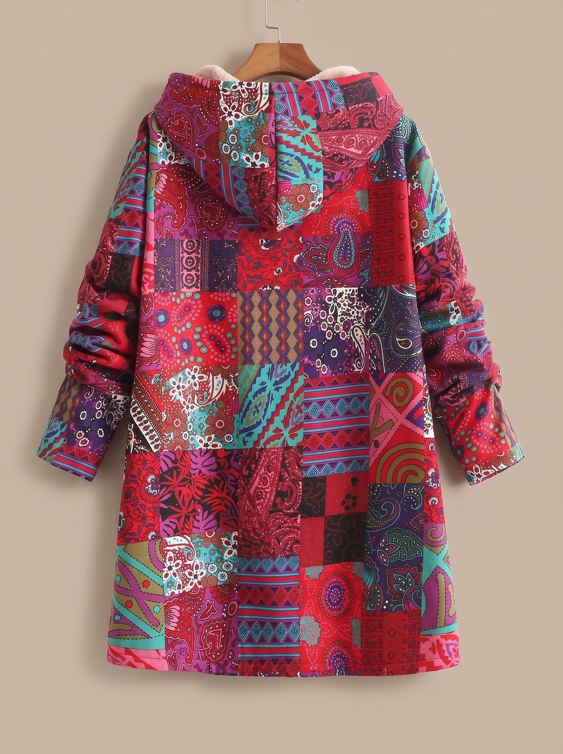 Lange Damen-Jacke im Patchwork-Design mit Fleecefutter, Kapuze und Knopfleiste, Ansicht 4
