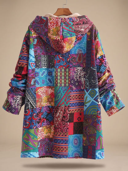 Lange Damen-Jacke im Patchwork-Design mit Fleecefutter, Kapuze und Knopfleiste, Ansicht 5