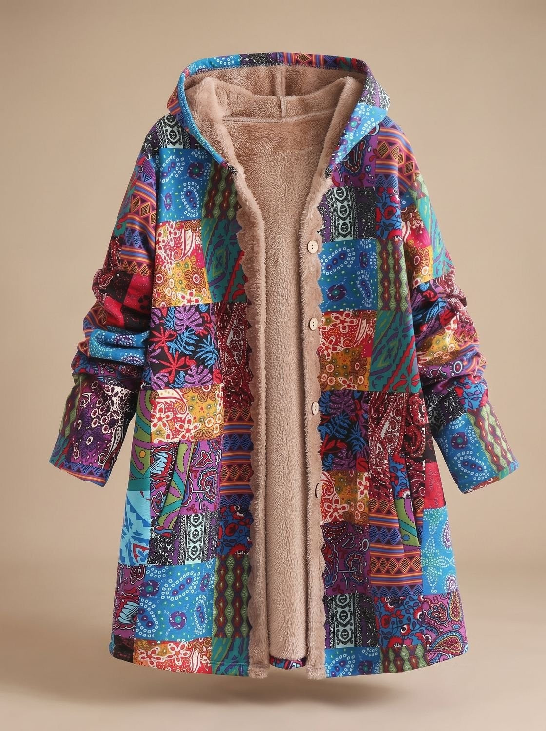 Lange Damen-Jacke im Patchwork-Design mit Fleecefutter, Kapuze und Knopfleiste, Ansicht 11