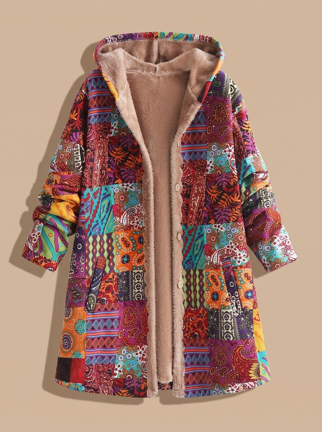 Lange Damen-Jacke im Patchwork-Design mit Fleecefutter, Kapuze und Knopfleiste, Ansicht 12