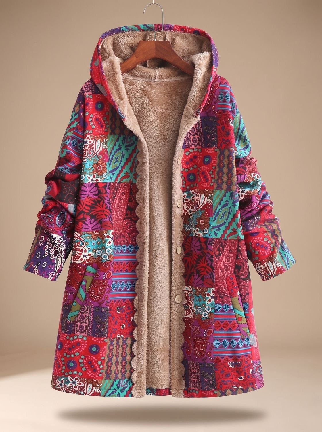 Lange Damen-Jacke im Patchwork-Design mit Fleecefutter, Kapuze und Knopfleiste, Ansicht 13