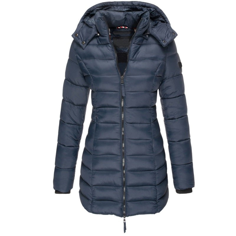 Lange Damen-Steppjacke mit Kapuze, Daunenfutter und Reißverschluss für Herbst und Winter in Dunkelblau
