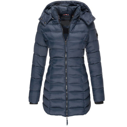 Lange Damen-Steppjacke mit Kapuze, Daunenfutter und Reißverschluss für Herbst und Winter in Dunkelblau