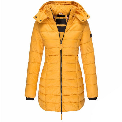 Lange Damen-Steppjacke mit Kapuze, Daunenfutter und Reißverschluss für Herbst und Winter in Gelb