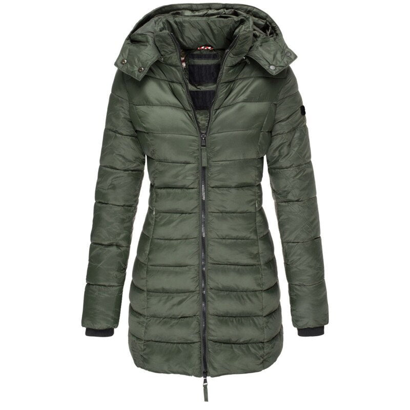 Lange Damen-Steppjacke mit Kapuze, Daunenfutter und Reißverschluss für Herbst und Winter in Grün