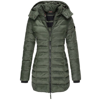 Lange Damen-Steppjacke mit Kapuze, Daunenfutter und Reißverschluss für Herbst und Winter in Grün
