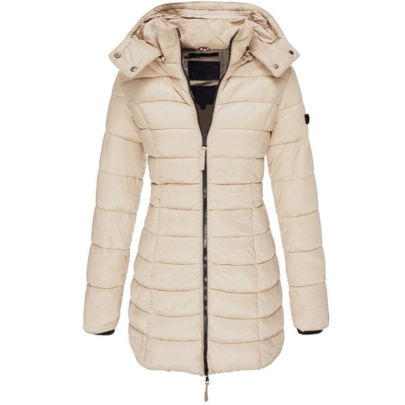 Lange Damen-Steppjacke mit Kapuze, Daunenfutter und Reißverschluss für Herbst und Winter in Khaki