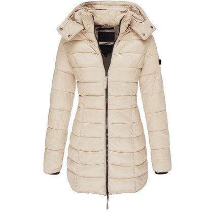 Lange Damen-Steppjacke mit Kapuze, Daunenfutter und Reißverschluss für Herbst und Winter in Khaki