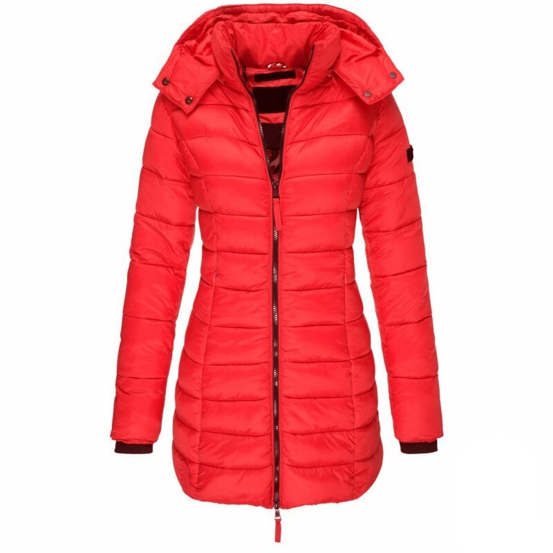 Lange Damen-Steppjacke mit Kapuze, Daunenfutter und Reißverschluss für Herbst und Winter in Rot