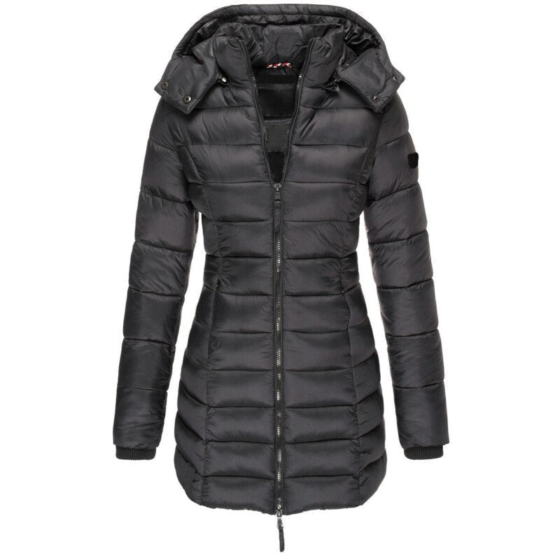 Lange Damen-Steppjacke mit Kapuze, Daunenfutter und Reißverschluss für Herbst und Winter in Schwarz