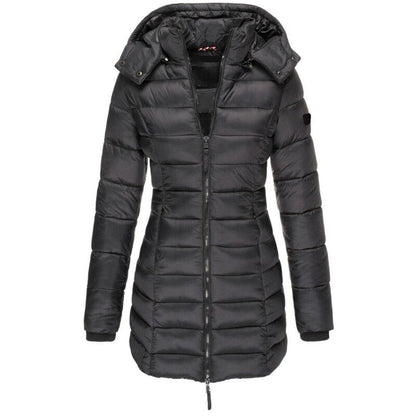Lange Damen-Steppjacke mit Kapuze, Daunenfutter und Reißverschluss für Herbst und Winter in Schwarz