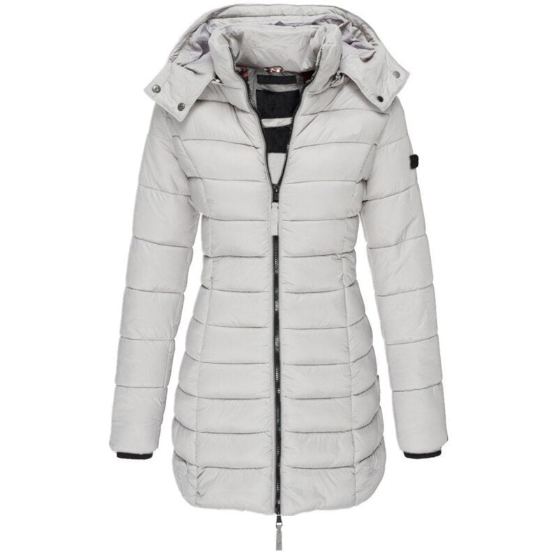 Lange Damen-Steppjacke mit Kapuze, Daunenfutter und Reißverschluss für Herbst und Winter in Grau