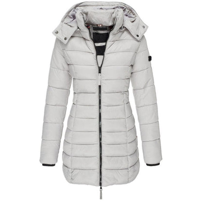 Lange Damen-Steppjacke mit Kapuze, Daunenfutter und Reißverschluss für Herbst und Winter in Grau