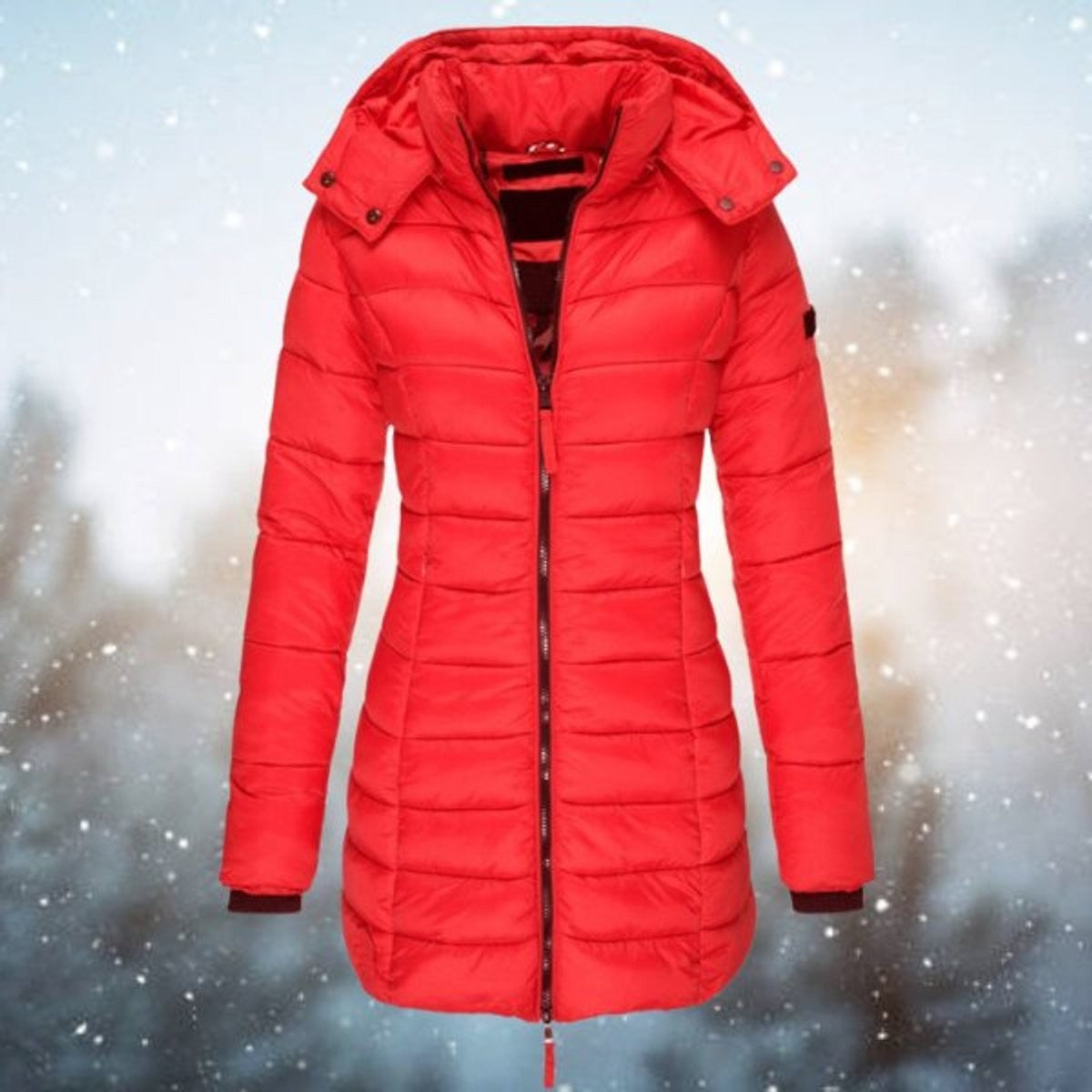 Lange Damen-Steppjacke mit Kapuze und Kammersteppung für kalte Wintertage in Rot