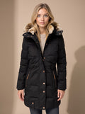 Lange Damen-Steppjacke mit Kunstfellkapuze und Reißverschlusstaschen für den Winter
