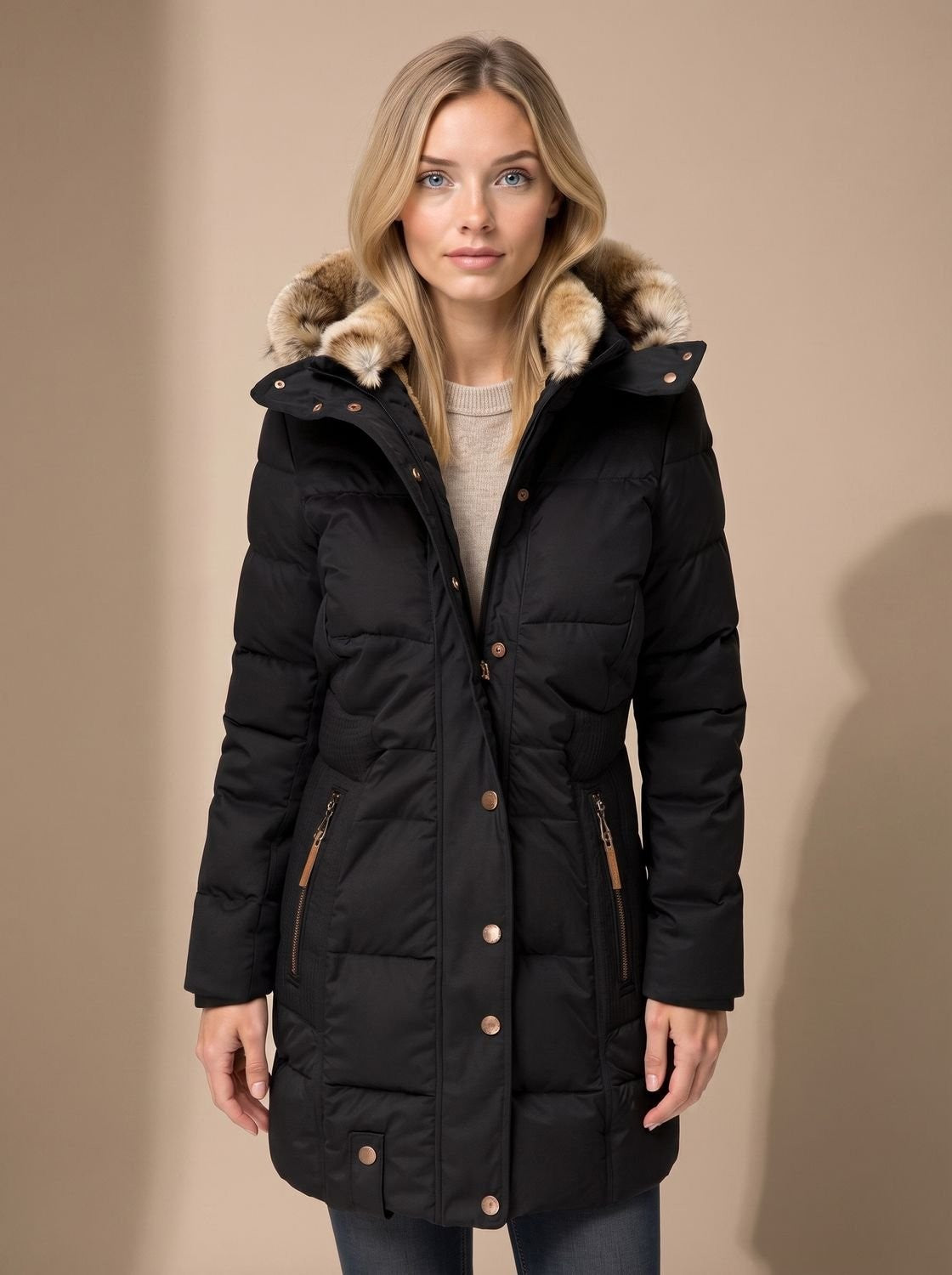 Lange Damen-Steppjacke mit Kunstfellkapuze und Reißverschlusstaschen für den Winter in Schwarz