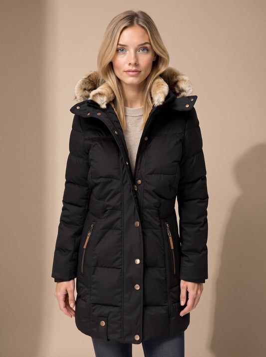 Lange Damen-Steppjacke mit Kunstfellkapuze und Reißverschlusstaschen für den Winter in Schwarz
