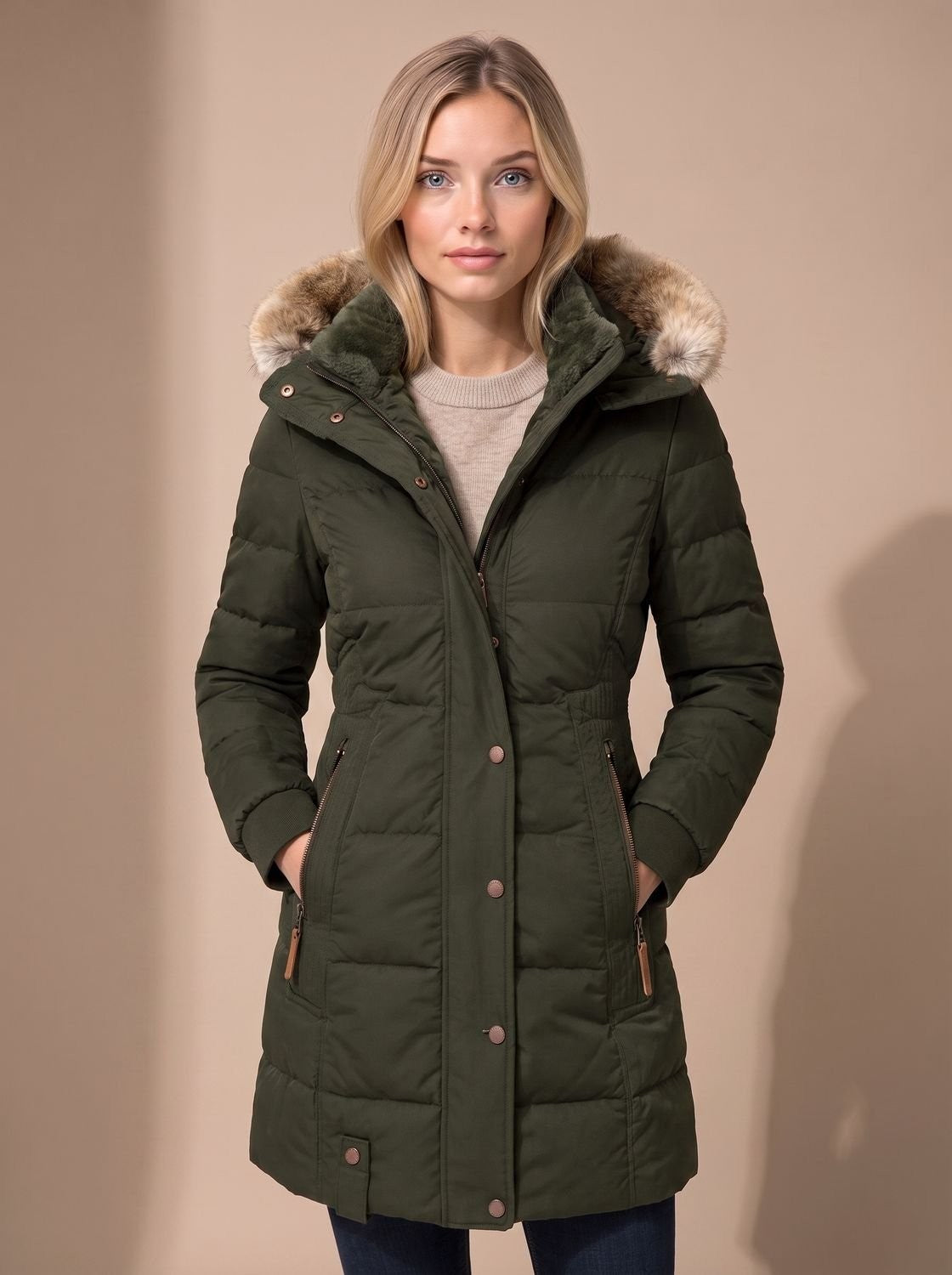 Lange Damen-Steppjacke mit Kunstfellkapuze und Reißverschlusstaschen für den Winter in Grün