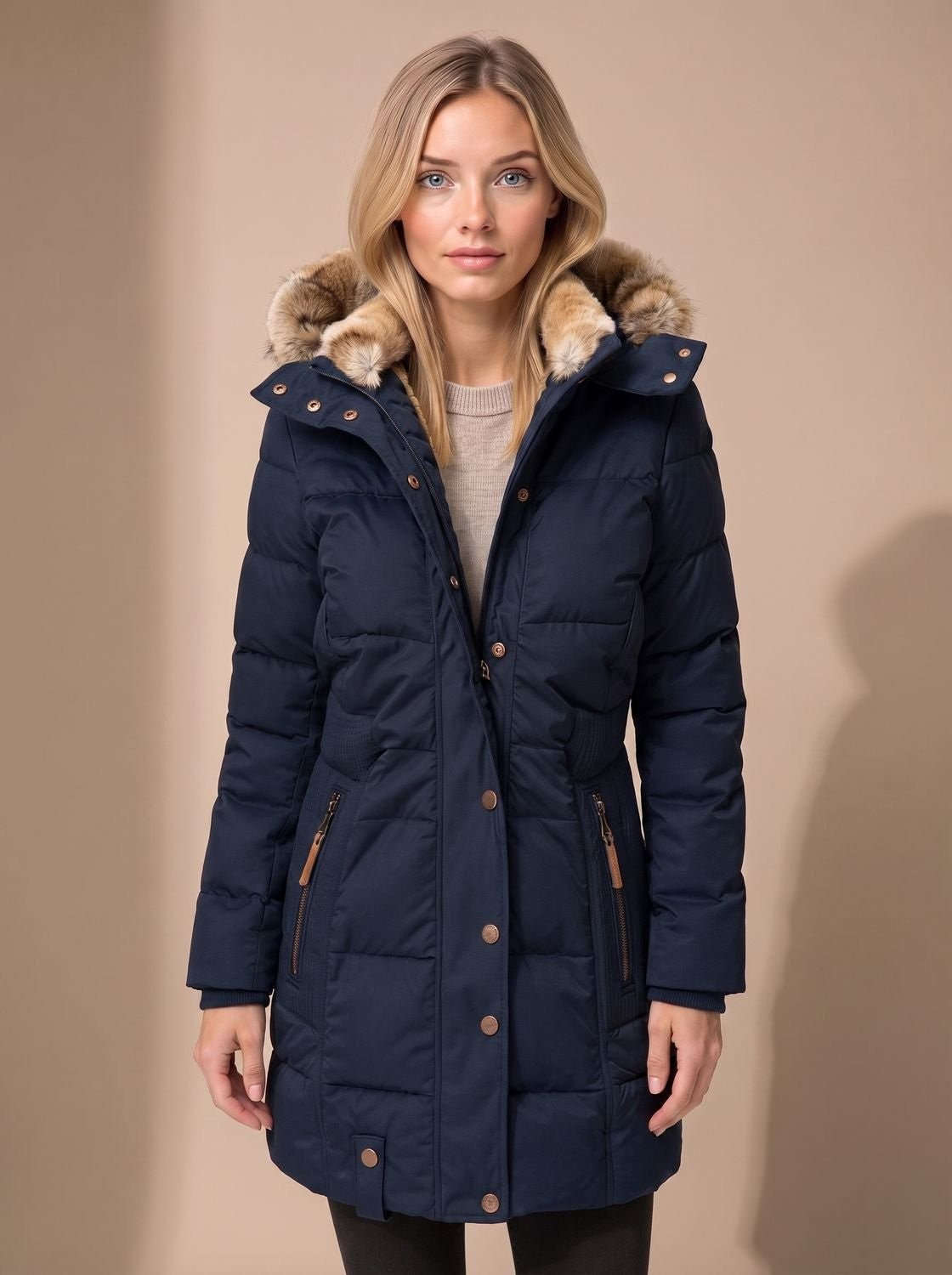 Lange Damen-Steppjacke mit Kunstfellkapuze und Reißverschlusstaschen für den Winter in Blau