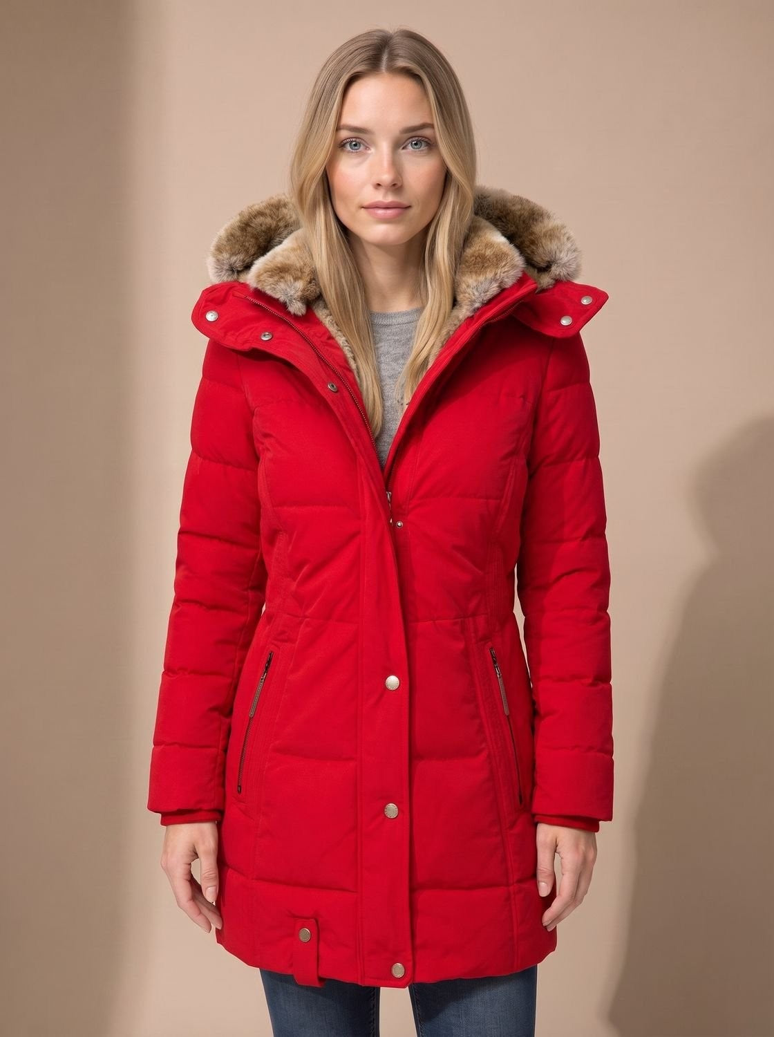 Lange Damen-Steppjacke mit Kunstfellkapuze und Reißverschlusstaschen für den Winter in Rot