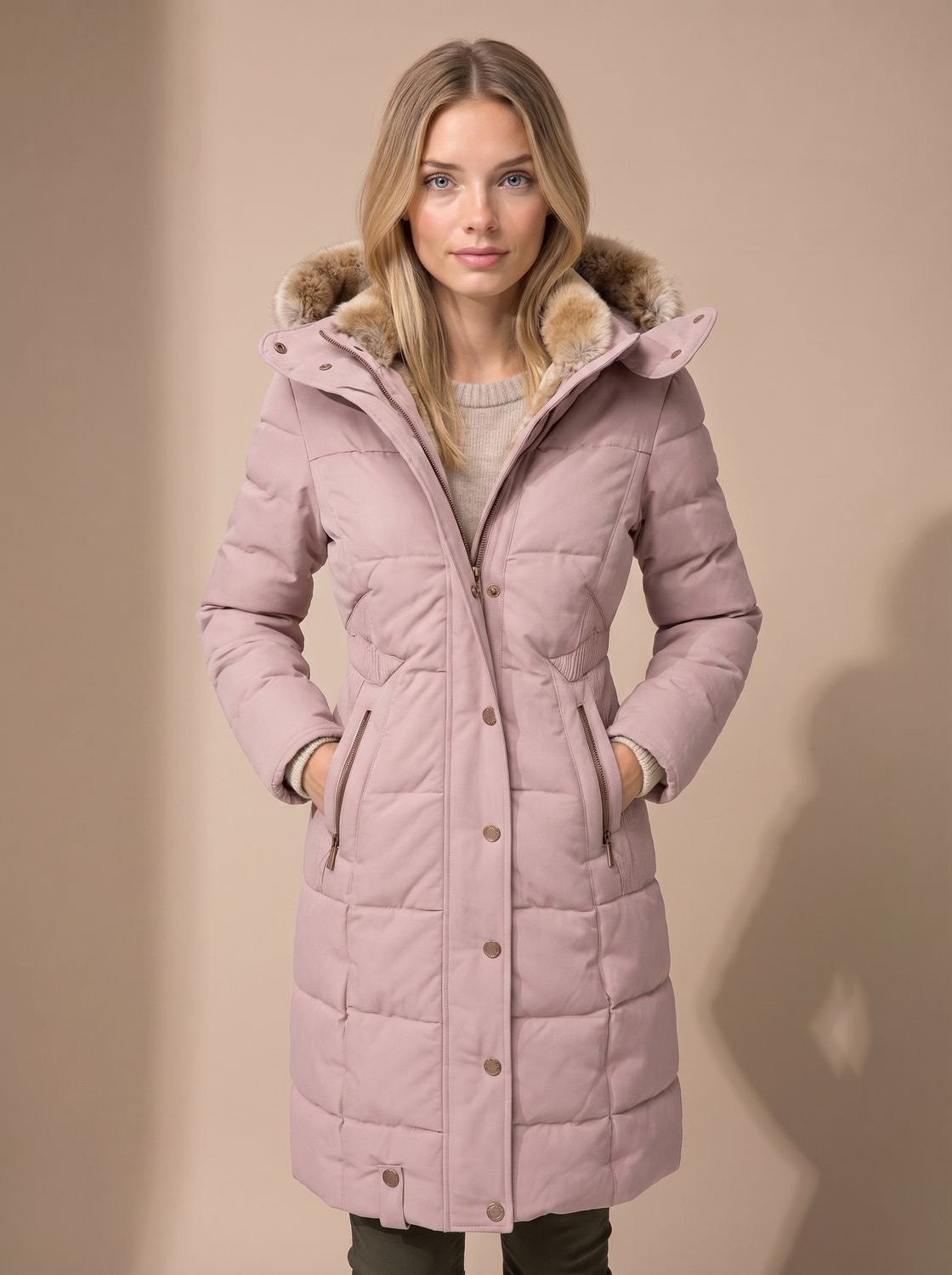 Lange Damen-Steppjacke mit Kunstfellkapuze und Reißverschlusstaschen für den Winter in Pink