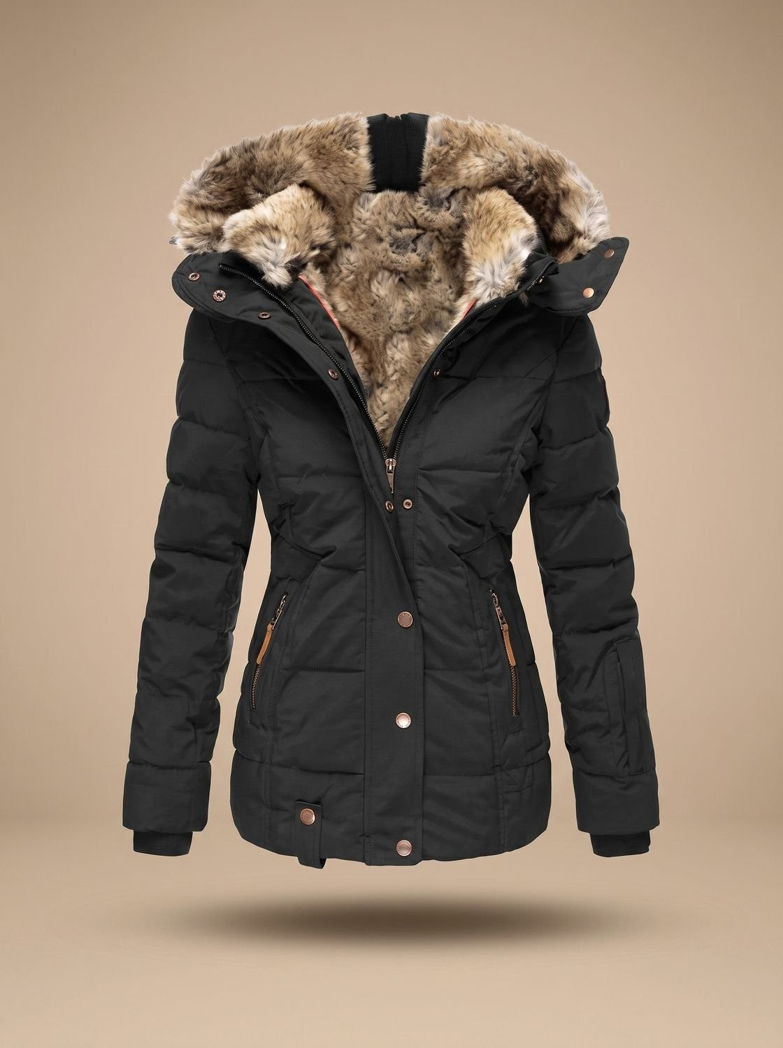 Lange Damen-Steppjacke mit Kunstfellkapuze und Reißverschlusstaschen für den Winter, Ansicht 6