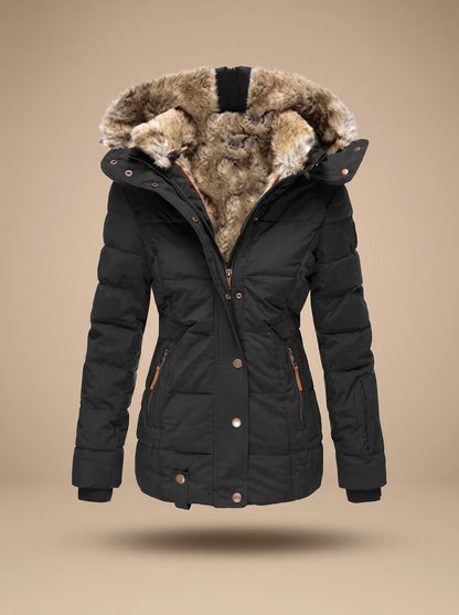 Lange Damen-Steppjacke mit Kunstfellkapuze und Reißverschlusstaschen für den Winter, Ansicht 6