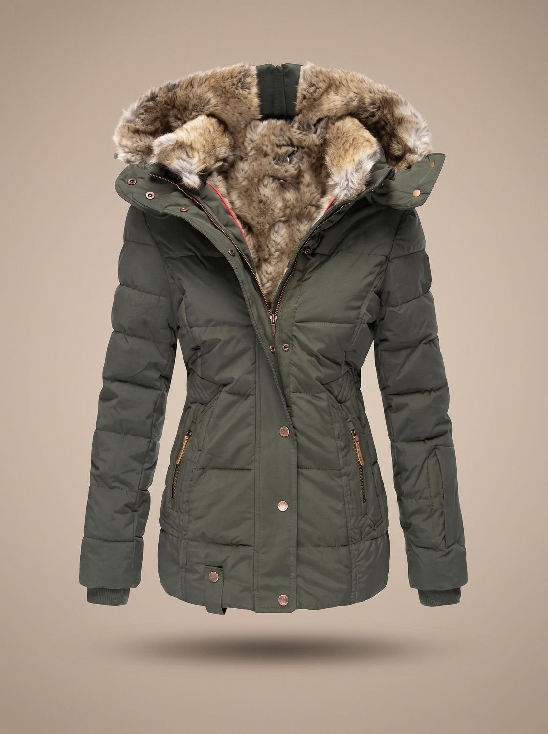 Lange Damen-Steppjacke mit Kunstfellkapuze und Reißverschlusstaschen für den Winter, Ansicht 7
